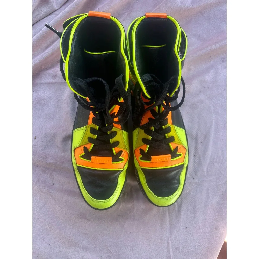 Gucci Coda High Top Sneakers Black Leather Neon Yellow Orange 386738 Mens 8.5G
